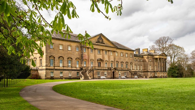 View of the east front with imposing curving staircase and balustrade at Nostell, Yorkshire
